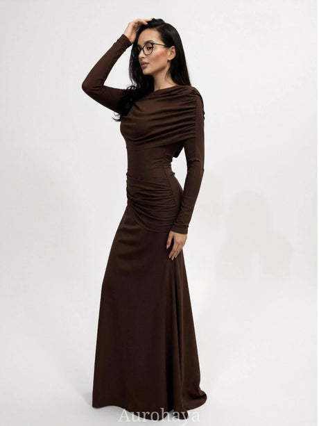 Aurohaya Patchwork Round Neck Ruched Maxi Dress