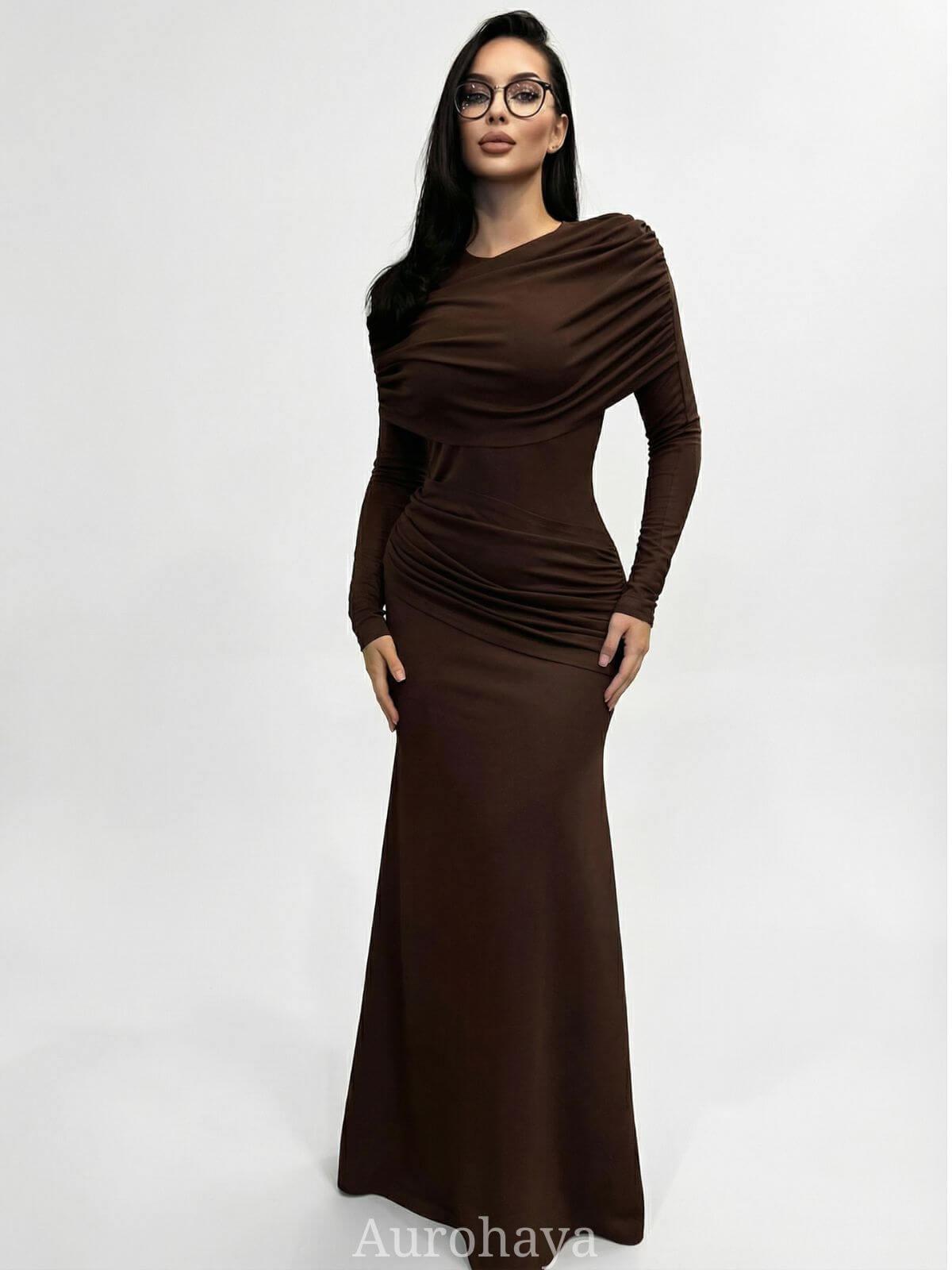 Aurohaya Patchwork Round Neck Ruched Maxi Dress Brown