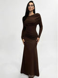 Aurohaya Patchwork Round Neck Ruched Maxi Dress Brown