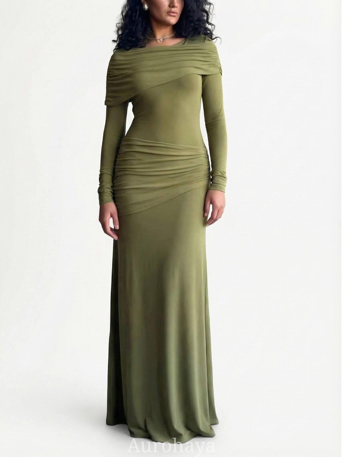 Aurohaya Patchwork Round Neck Ruched Maxi Dress