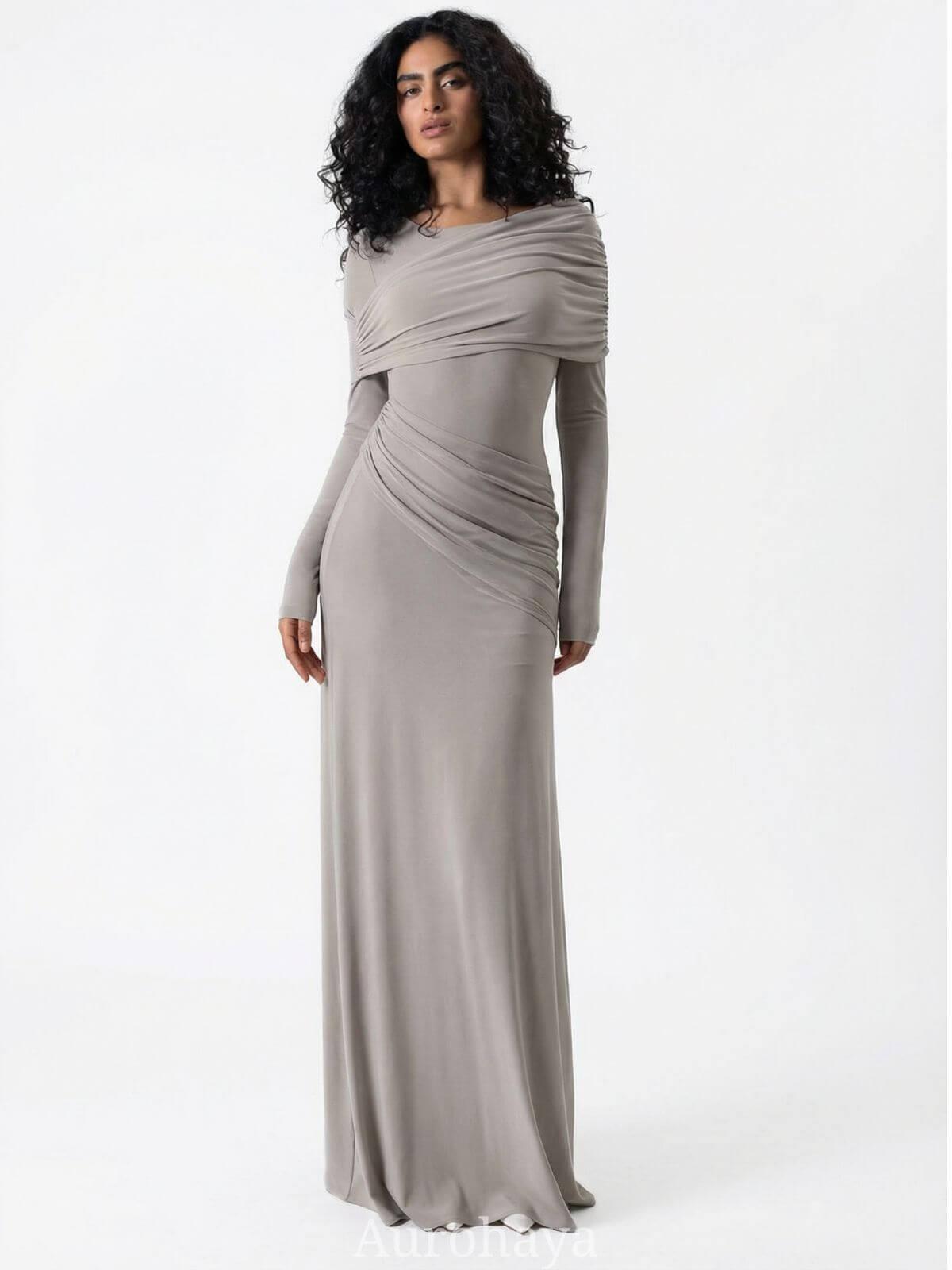 Aurohaya Patchwork Round Neck Ruched Maxi Dress