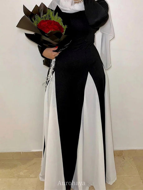 Aurohaya Colorblock Patchwork Round Neck Maxi Dress