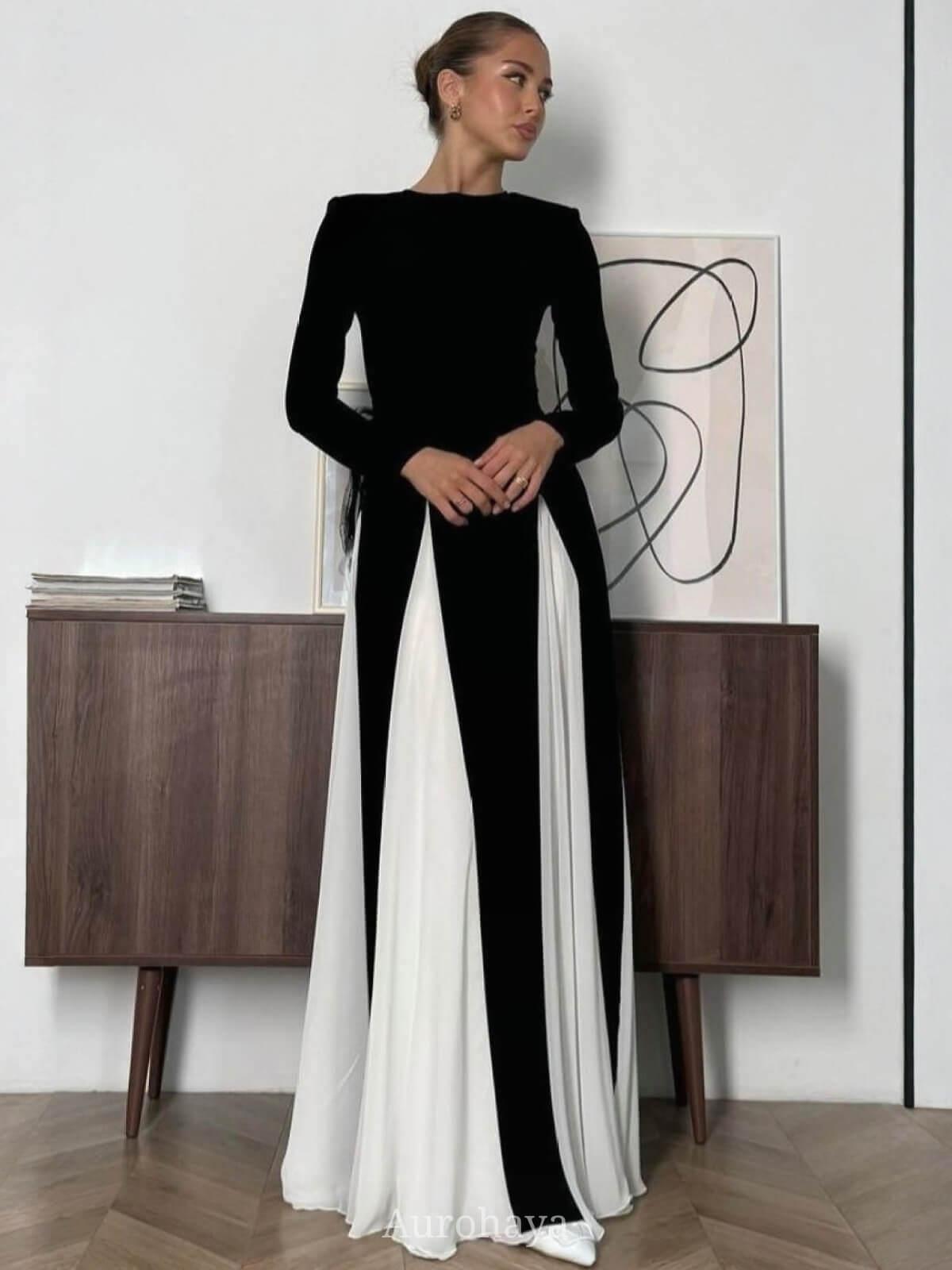 Aurohaya Colorblock Patchwork Round Neck Maxi Dress Black