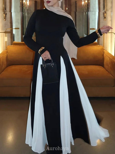 Aurohaya Colorblock Patchwork Round Neck Maxi Dress