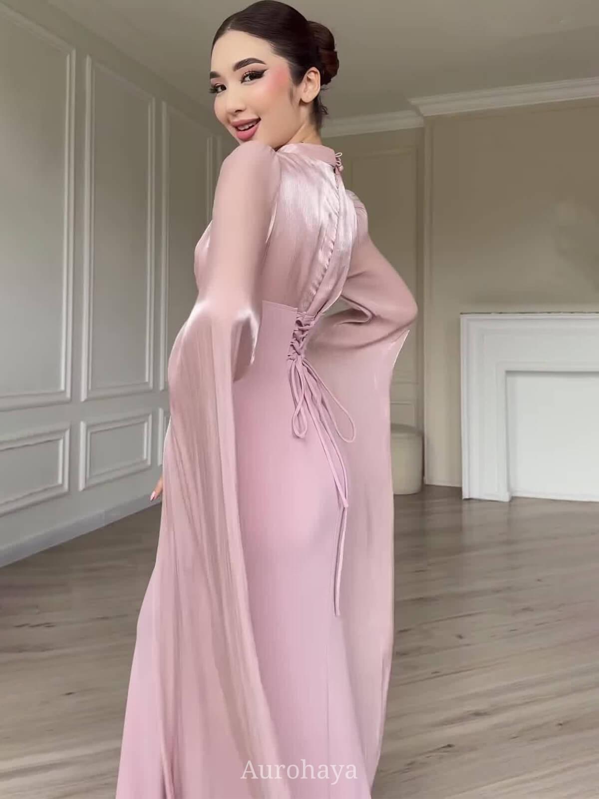 Aurohaya Elegant Long Sleeve Tie-Waist Maxi Dress