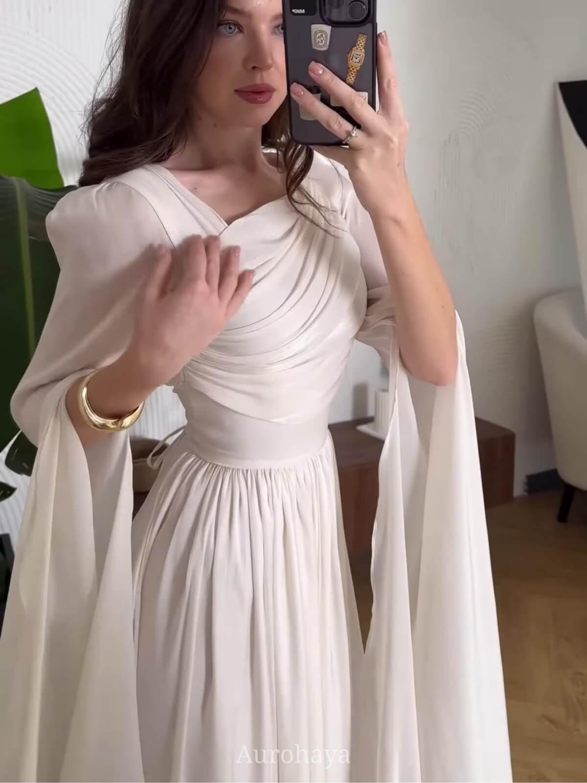 Aurohaya Ruched Irregular Neck Slit Long Sleeve Maxi Dress