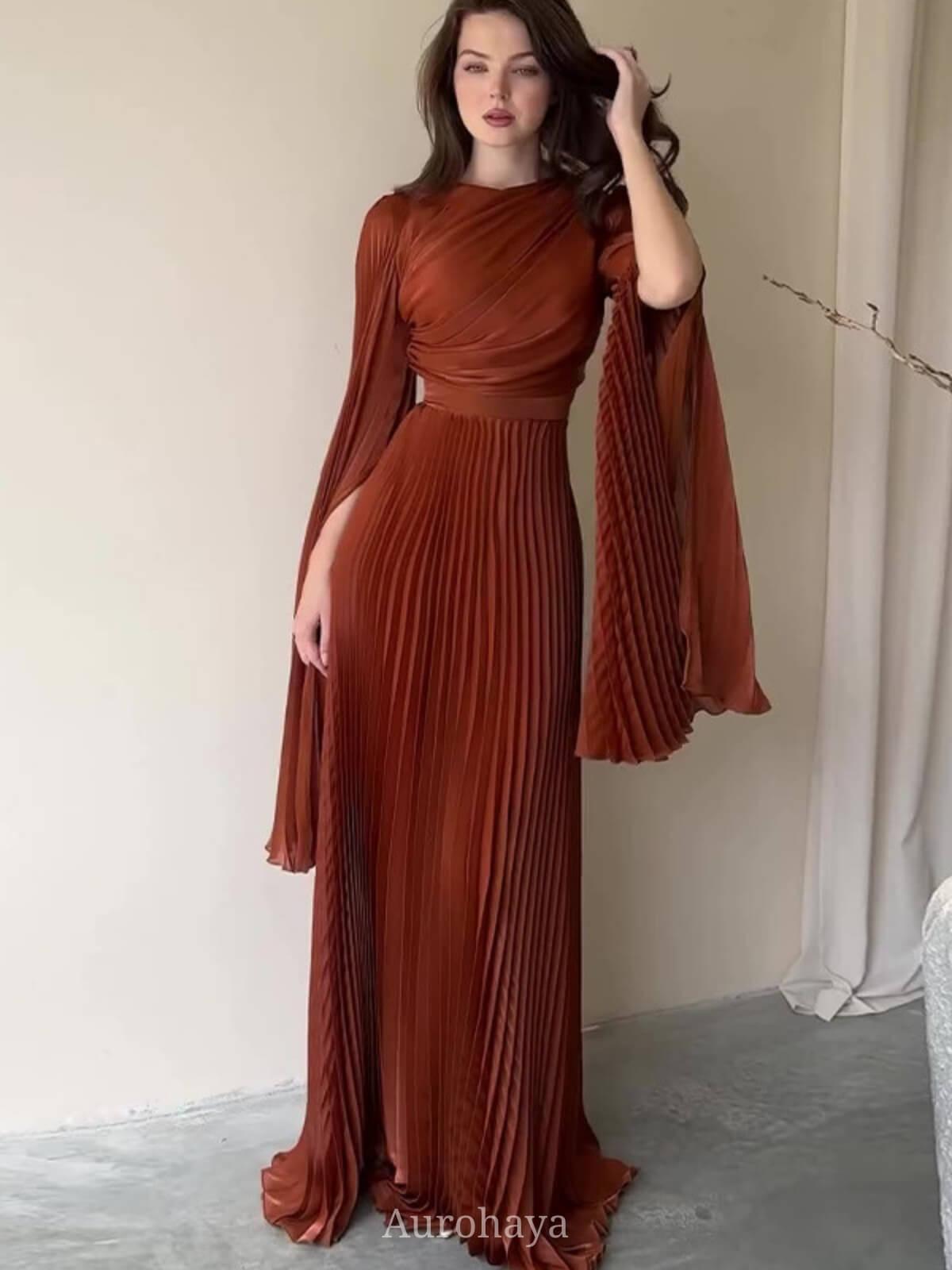 Aurohaya Split-Sleeve Waist-Cinching Pleated Maxi Dress