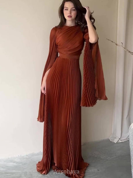 Aurohaya Split-Sleeve Waist-Cinching Pleated Maxi Dress