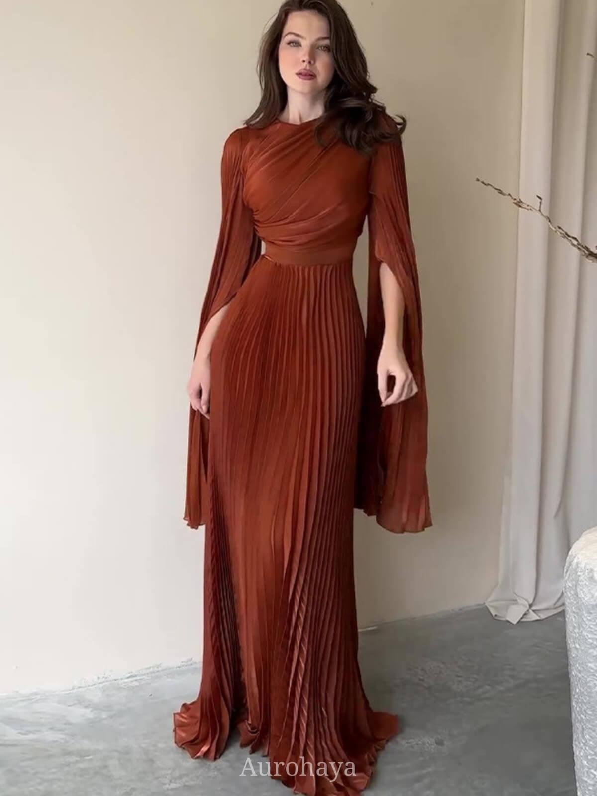 Aurohaya Split-Sleeve Waist-Cinching Pleated Maxi Dress Orange