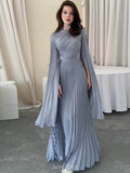 Split-Sleeve Waist-Cinching Pleated Maxi Dress