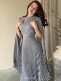 Split-Sleeve Waist-Cinching Pleated Maxi Dress