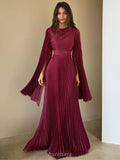 Split-Sleeve Waist-Cinching Pleated Maxi Dress