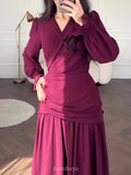 Chiffon Long Sleeve V-Neck Wrap Ruched Waist Maxi Dress