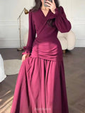 Chiffon Long Sleeve V-Neck Wrap Ruched Waist Maxi Dress