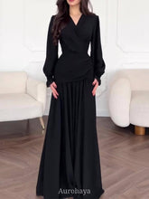 Aurohaya Chiffon Long Sleeve V-Neck Wrap Ruched Waist Maxi Dress Black