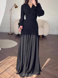 Chiffon Long Sleeve V-Neck Wrap Ruched Waist Maxi Dress