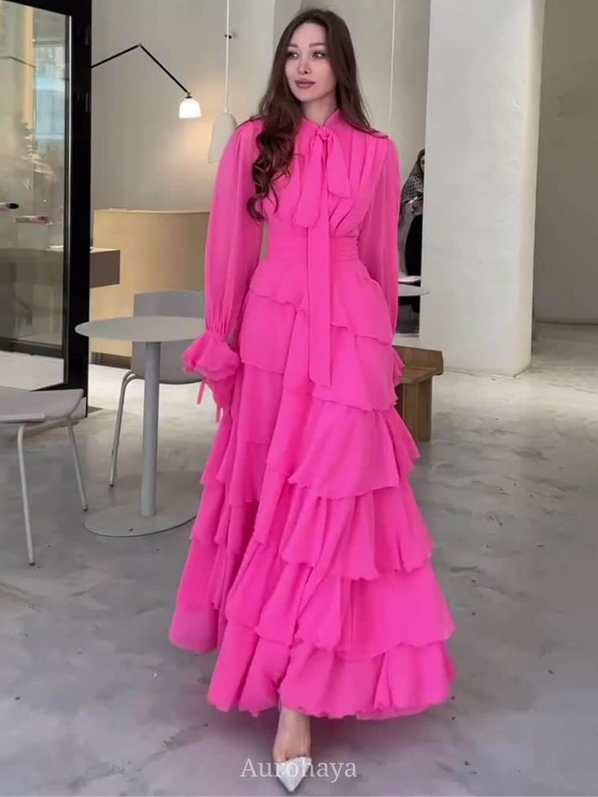 Aurohaya Chiffon Tie-Neck Long-Sleeve Ruffle Maxi Dress Pink