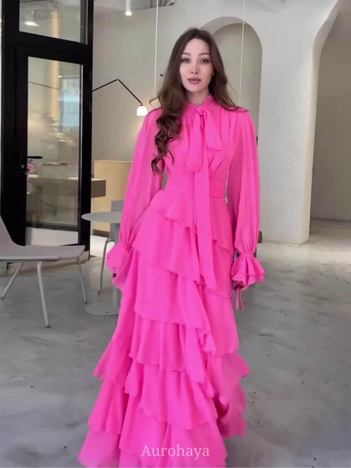 Aurohaya Chiffon Tie-Neck Long-Sleeve Ruffle Maxi Dress