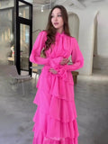 Chiffon Tie-Neck Long-Sleeve Ruffle Maxi Dress