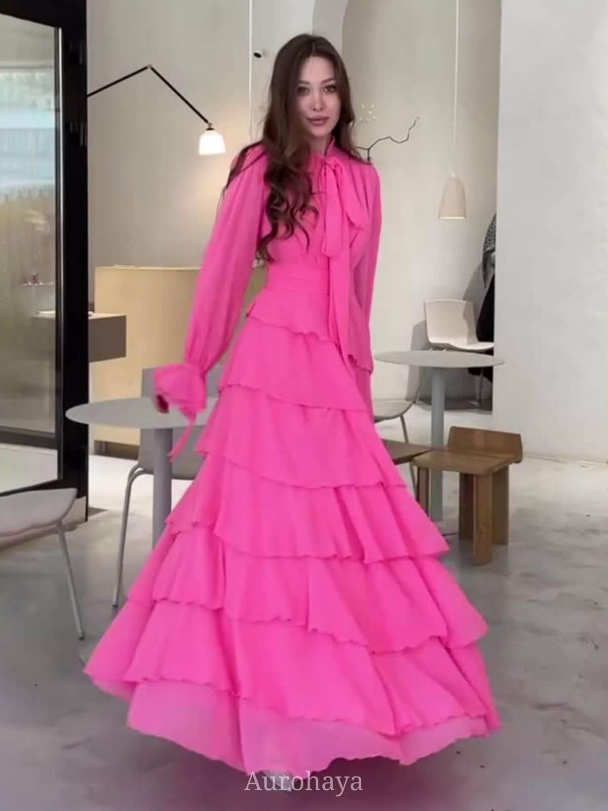 Aurohaya Chiffon Tie-Neck Long-Sleeve Ruffle Maxi Dress