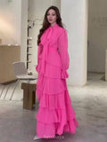Chiffon Tie-Neck Long-Sleeve Ruffle Maxi Dress