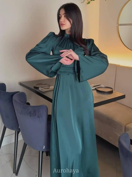 Aurohaya Satin Tie Waist Long Sleeve Midi Dress