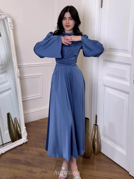 Aurohaya Satin Tie Waist Long Sleeve Midi Dress
