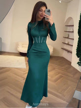 Aurohaya Satin Long Sleeve Ruched Tie-Waist Maxi Dress Green