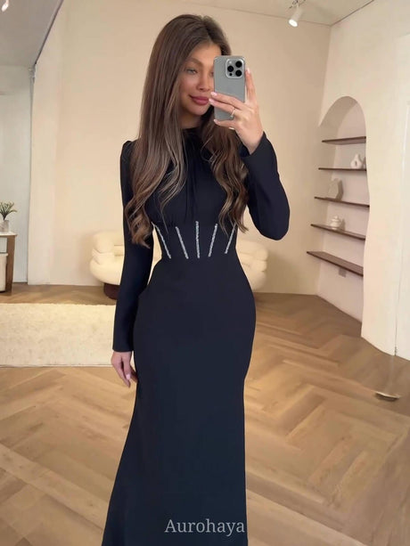 Aurohaya Satin Long Sleeve Ruched Tie-Waist Maxi Dress