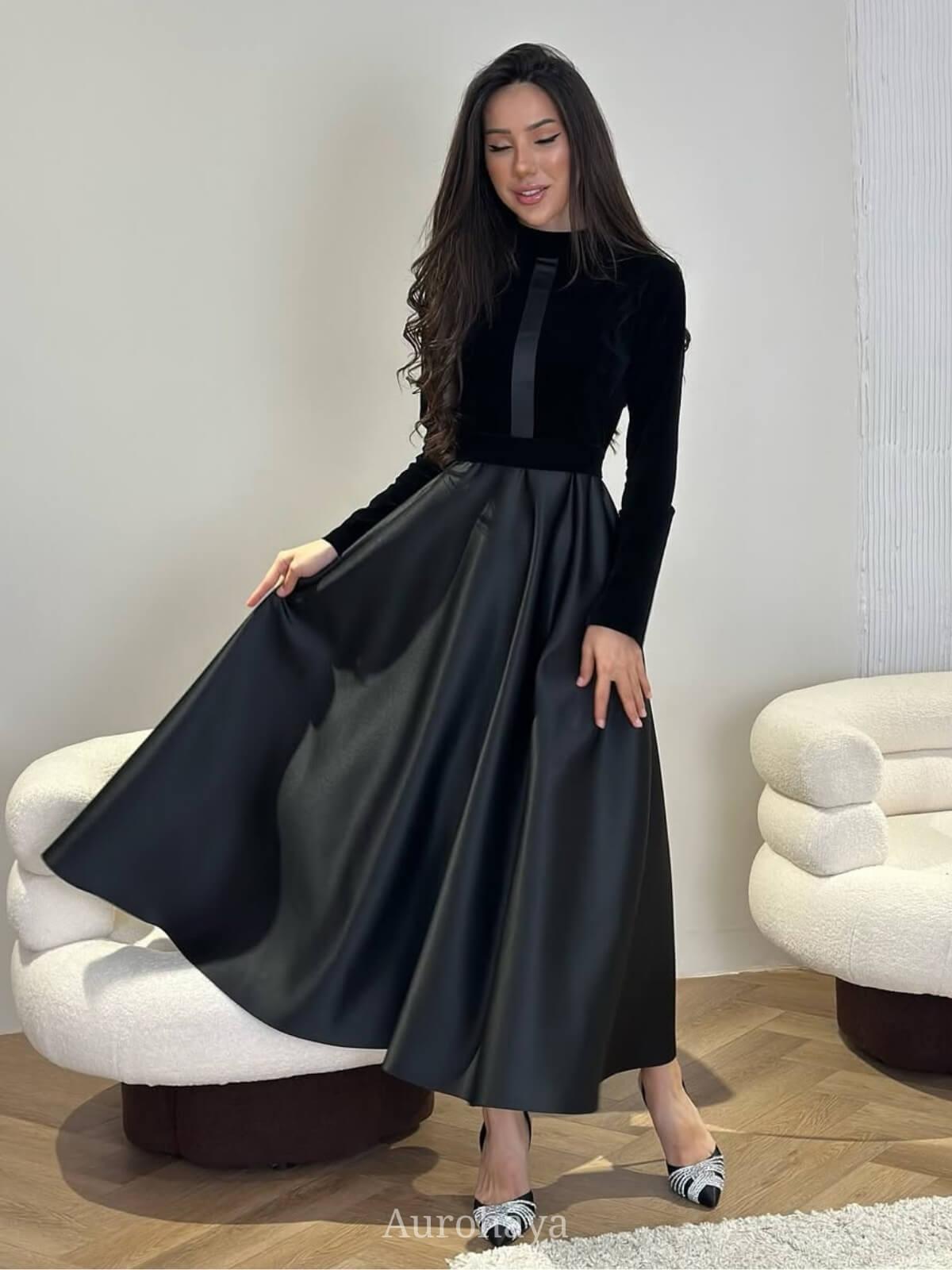 Aurohaya Satin Vintage Velvet Long Sleeve High-Waist Maxi Dress Black