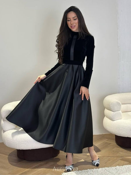Aurohaya Satin Vintage Velvet Long Sleeve High-Waist Maxi Dress Black