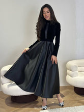 Aurohaya Satin Vintage Velvet Long Sleeve High-Waist Maxi Dress Black