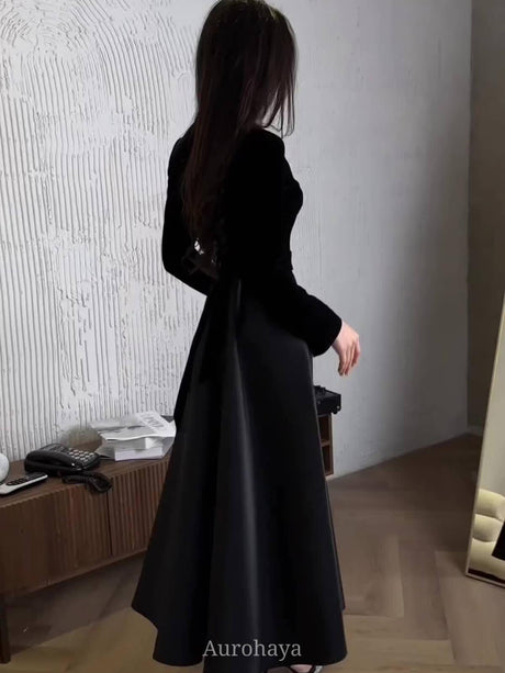 Aurohaya Satin Vintage Velvet Long Sleeve High-Waist Maxi Dress