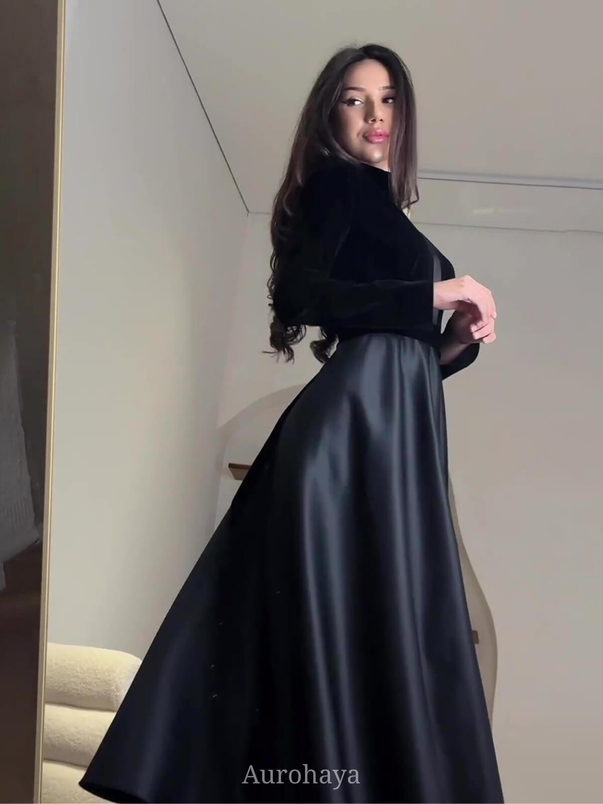 Aurohaya Satin Vintage Velvet Long Sleeve High-Waist Maxi Dress