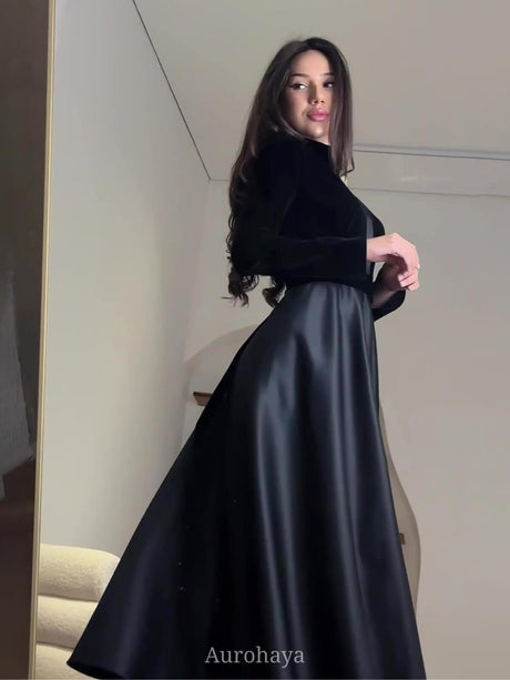 Aurohaya Satin Vintage Velvet Long Sleeve High-Waist Maxi Dress