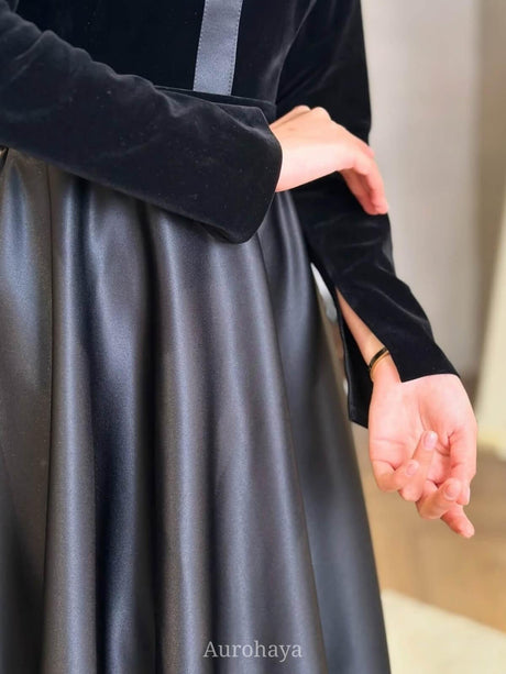 Aurohaya Satin Vintage Velvet Long Sleeve High-Waist Maxi Dress