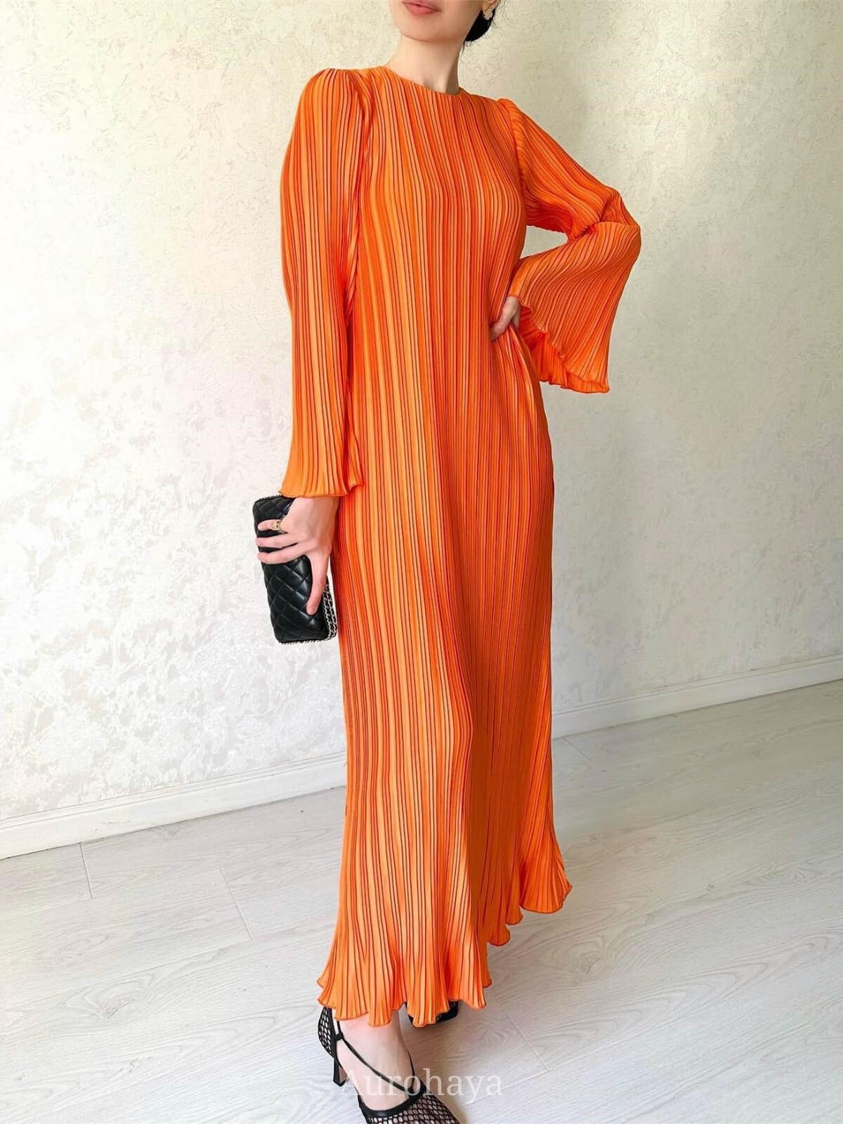 Aurohaya Pleated Bell Cuffs Bell Cuffs Maxi Dress Orange