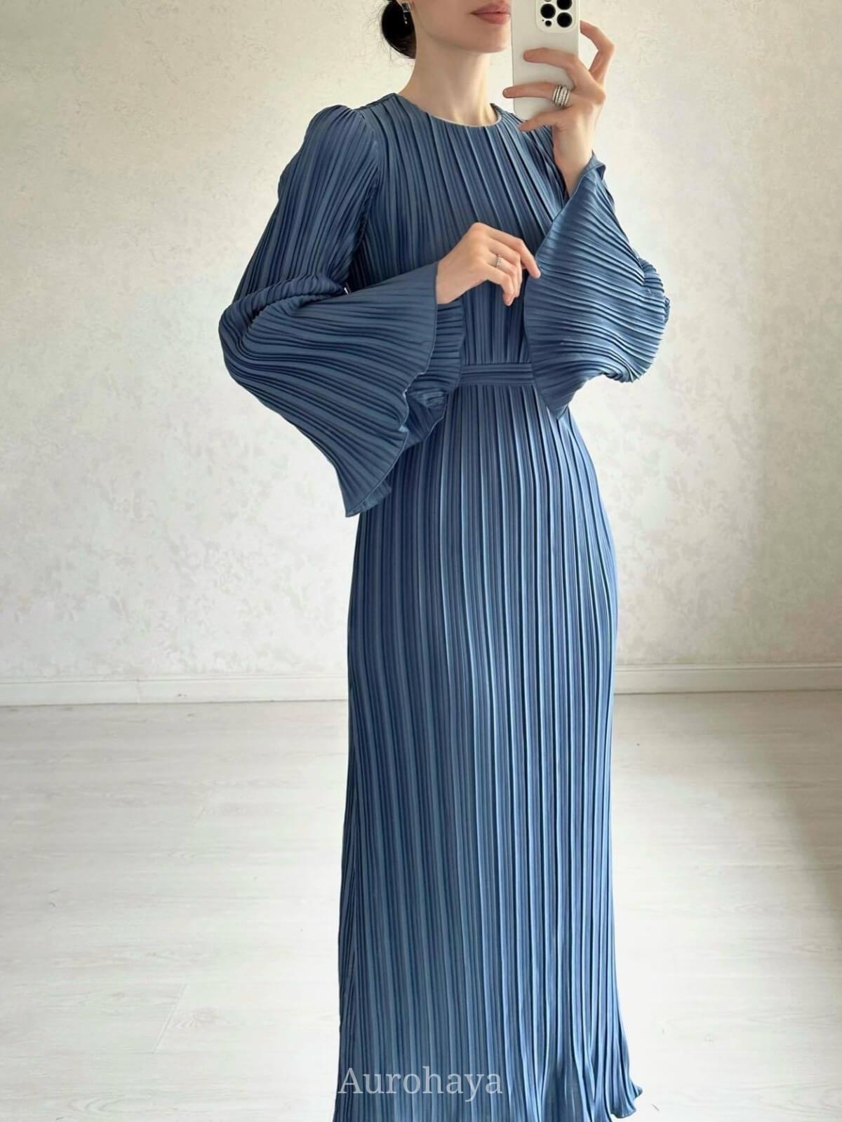Aurohaya Pleated Bell Cuffs Bell Cuffs Maxi Dress Blue