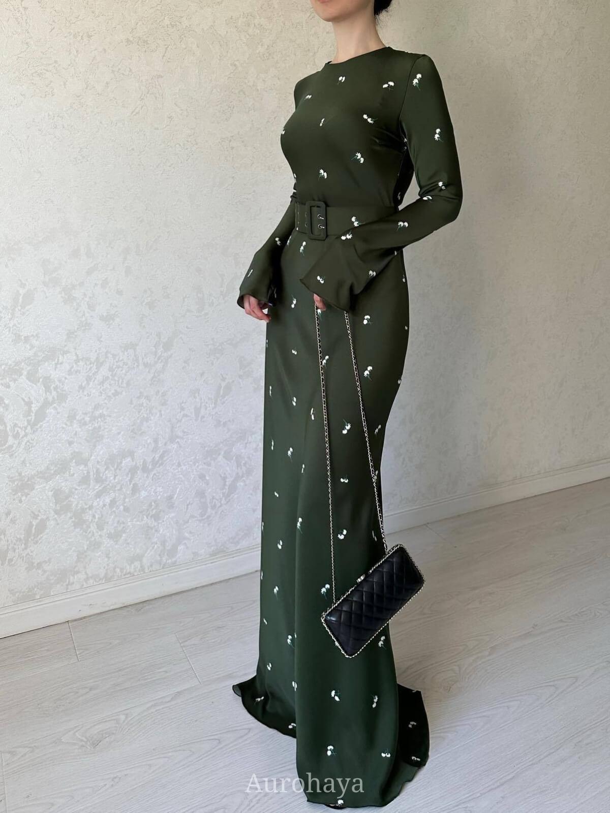 Aurohaya Satin Floral Round Neck Long Sleeve A-line Maxi Dress