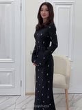 Satin Floral Round Neck Long Sleeve A-line Maxi Dress