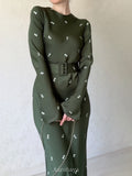 Satin Floral Round Neck Long Sleeve A-line Maxi Dress
