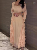 Square Neck Ruffle Long Sleeve Waist-Cinched Maxi Dress