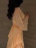 Square Neck Ruffle Long Sleeve Waist-Cinched Maxi Dress