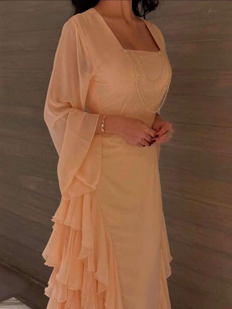 Aurohaya Square Neck Ruffle Long Sleeve Waist-Cinched Maxi Dress