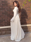Satin-Chiffon Square Neck Long Sleeve Pearl Cuffs Maxi Dress
