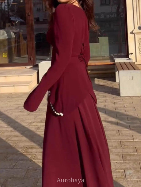 Aurohaya Satin-Chiffon Square Neck Long Sleeve Pearl Cuffs Maxi Dress