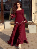 Satin-Chiffon Square Neck Long Sleeve Pearl Cuffs Maxi Dress
