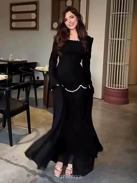 Aurohaya Satin-Chiffon Square Neck Long Sleeve Pearl Cuffs Maxi Dress Black