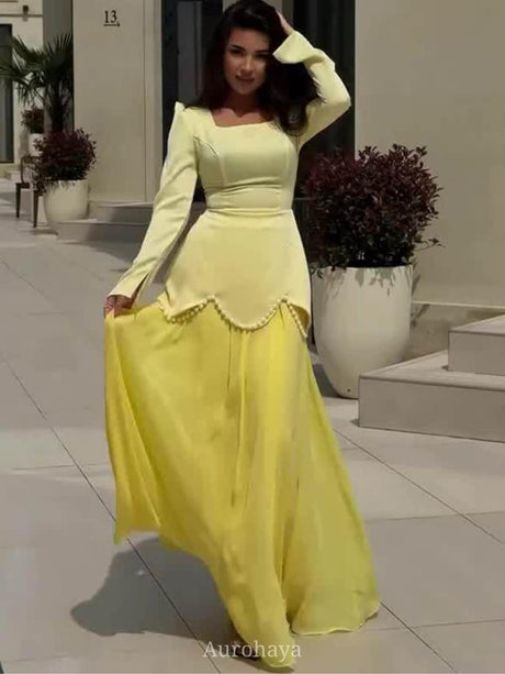 Aurohaya Satin-Chiffon Square Neck Long Sleeve Pearl Cuffs Maxi Dress Yellow
