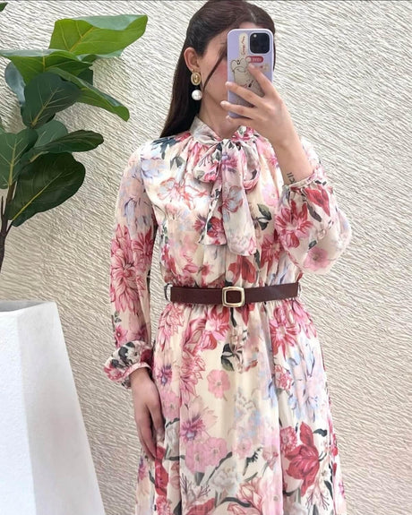 Aurohaya Belted Floral Print Midi Modest Dress